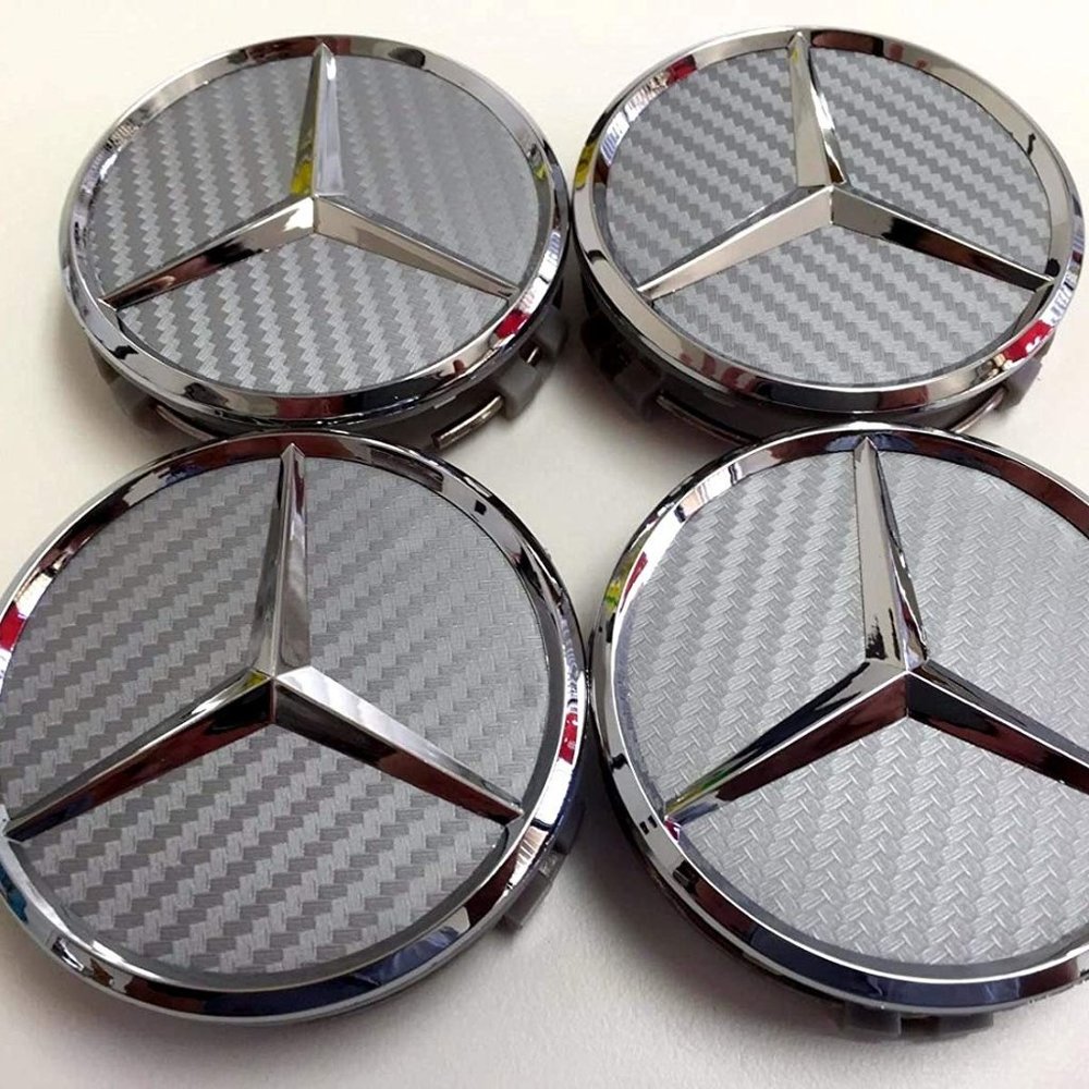 Brand New Set of Four 3"  Carbon Fiber Silver Mercedes Benz Wheels Center Caps